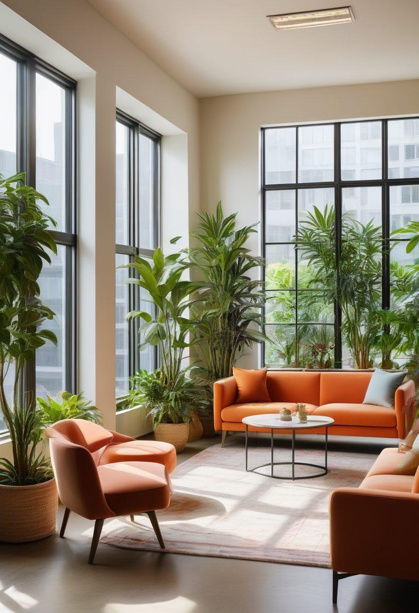 A serene and beautifully designed office space filled with lush indoor plants, comfortable furniture, and collaborative areas. HR professionals engaging with employees in a warm, welcoming manner, fostering positive relationships. Soft natural light streaming through large windows, creating an inviting atmosphere. Subtle touches of diversity and inclusivity depicted in the workspace. bright colors. super-realistic. warm tones.