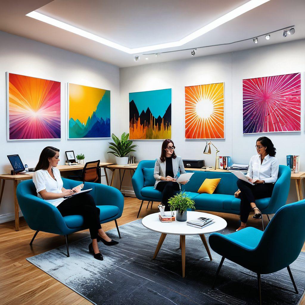 A modern office scene showcasing a diverse team of HR professionals collaborating enthusiastically, surrounded by vibrant artwork that symbolizes transformation and excellence. Elements like stylish charts and supportive tools are incorporated, highlighting the evolution of HR support. Soft lighting accentuates their focus and creativity. The overall atmosphere conveys a sense of aesthetic beauty and innovation. super-realistic. vibrant colors. 3D.