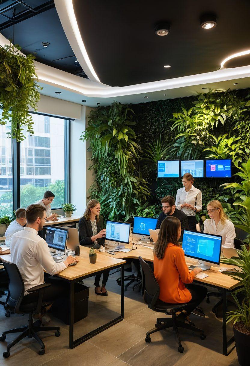 A visually striking scene that depicts a harmonious workplace where diverse individuals engage in creative collaboration. Elements such as a colorful brainstorming area, plants for a refreshing vibe, and digital tools showcasing data analytics for HR optimization should be present. Soft lighting and modern office architecture enhance the atmosphere. Artistic representations of talent transformation in the background. vibrant colors. modern art.